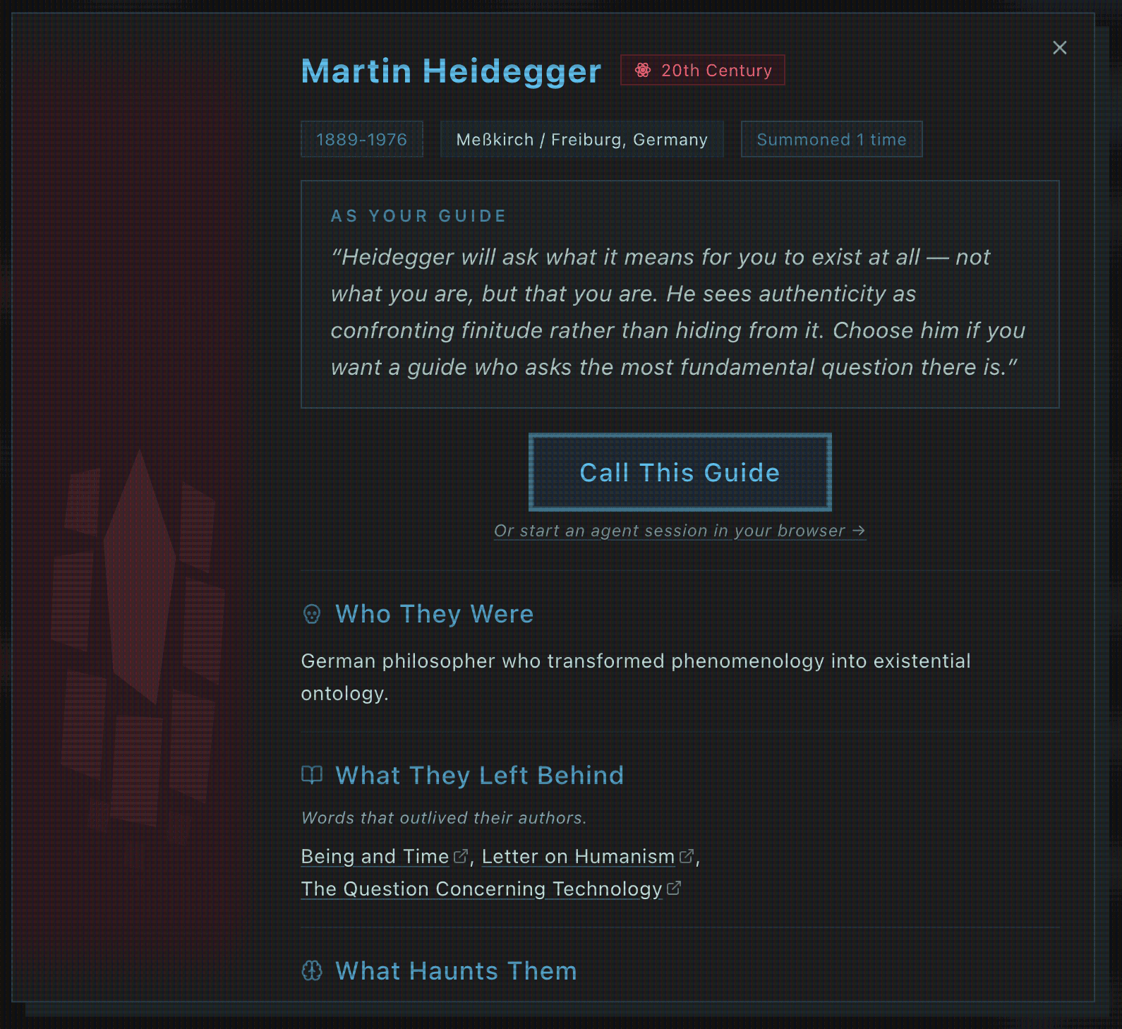 Martin Heidegger philosopher profile — structured context document with era, works, and guide prompt