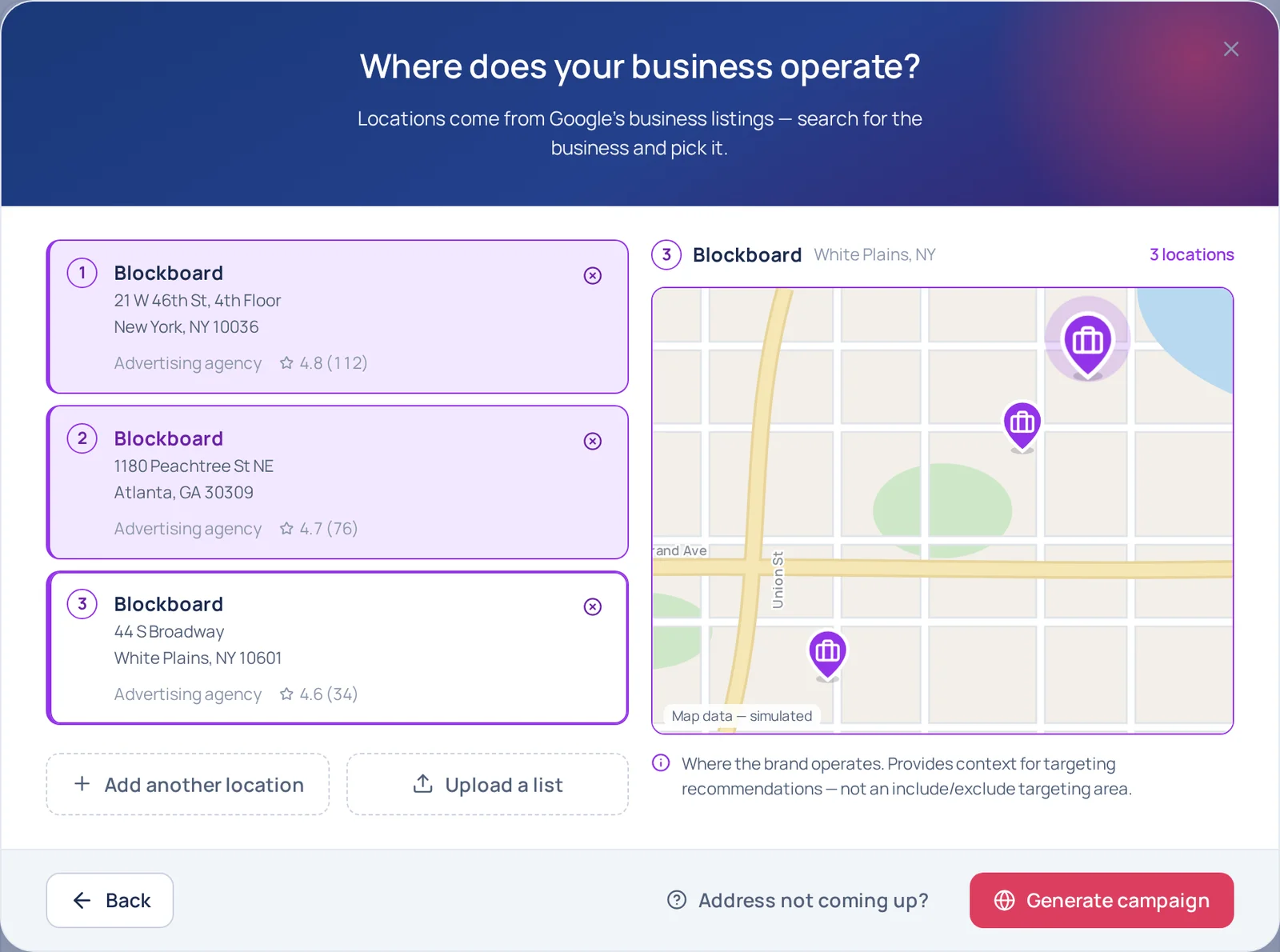 The second New Campaign screen, Where does your business operate? — three Blockboard locations added from Google listings with their addresses and ratings, a map of all three, and a Generate campaign button
