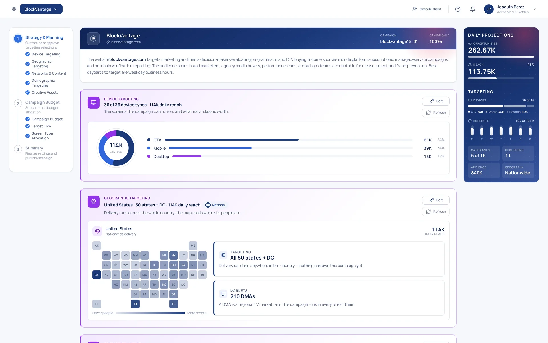 The campaign wizard, step one — a three-step stepper on the left, the AI-written read of blockvantage.com and the Device Targeting card in the center, the Daily Projections rail on the right