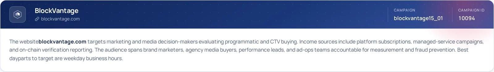The brand plate — BlockVantage, blockvantage.com, campaign name and ID on a navy header, above the AI-written read of the site