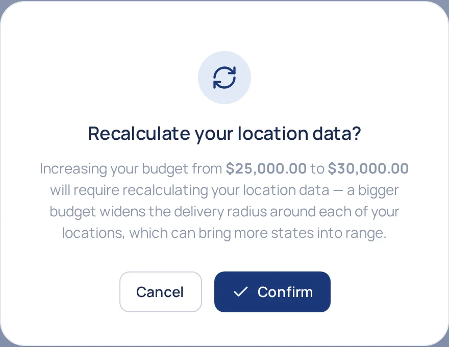 A confirmation dialog, Recalculate your location data? — increasing your budget from $25,000.00 to $30,000.00 will require recalculating your location data, because a bigger budget widens the delivery radius around each of your locations and can bring more states into range, with Cancel and Confirm