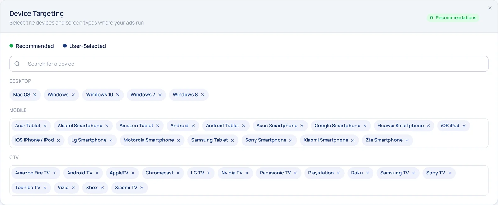 Device Targeting in edit mode — a Recommended / User-Selected legend, a device search, and every device type as a removable chip grouped under Desktop, Mobile and CTV