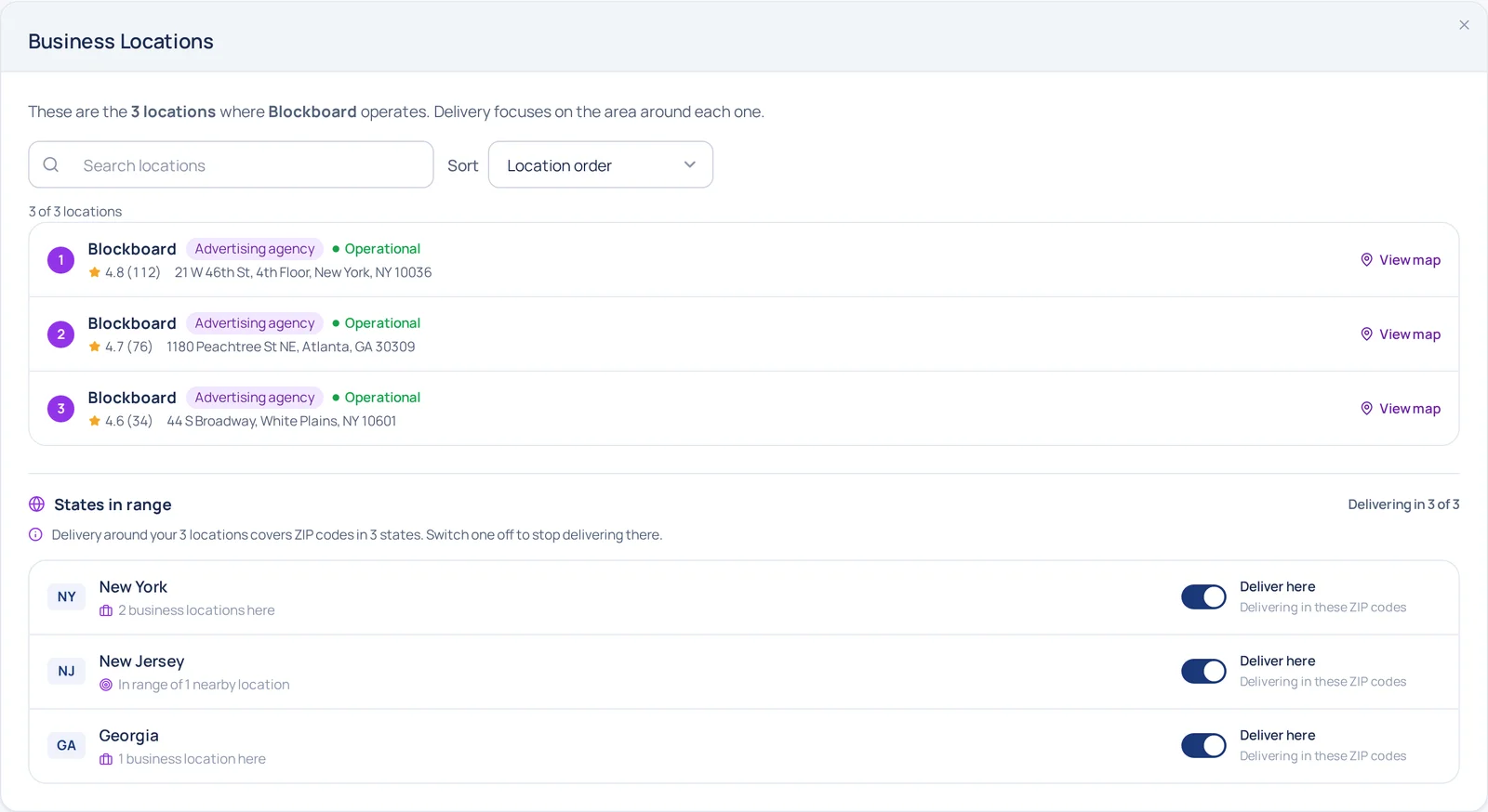 Business Locations in edit mode — a searchable, sortable list of the three locations with ratings and View map links, and a States in range section listing New York, New Jersey and Georgia each with a Deliver here switch