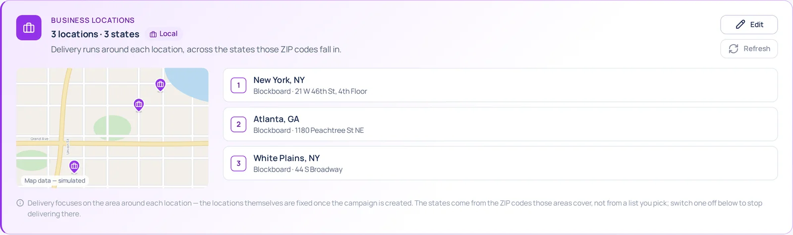 Business Locations card — 3 locations across 3 states with a Local badge, a map with three pins, and the New York, Atlanta and White Plains addresses listed beside it