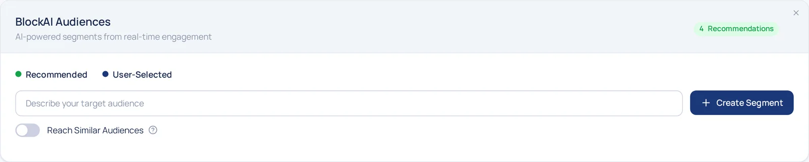 BlockAI Audiences editor — a 4 Recommendations chip, a Recommended / User-Selected legend, a Describe your target audience field with a Create Segment button, and a Reach Similar Audiences switch