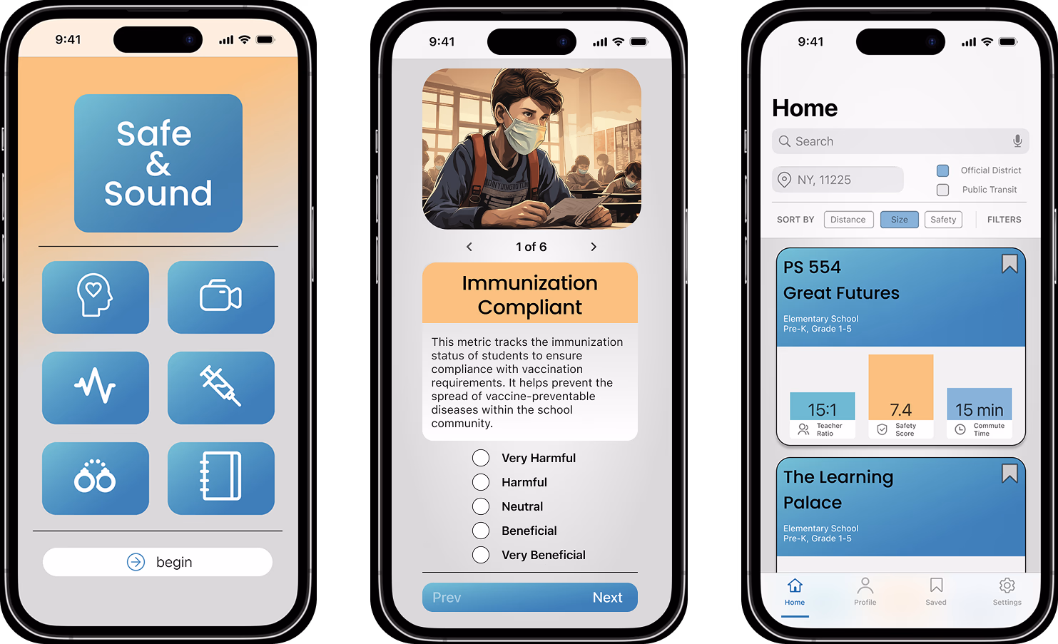 Safe & Sound App - School search interface with safety metrics