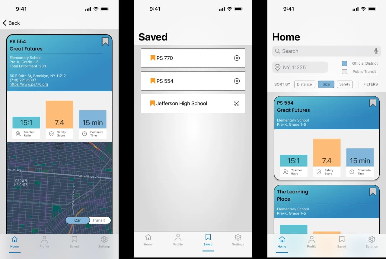 Mobile App Screens - School details and safety metrics