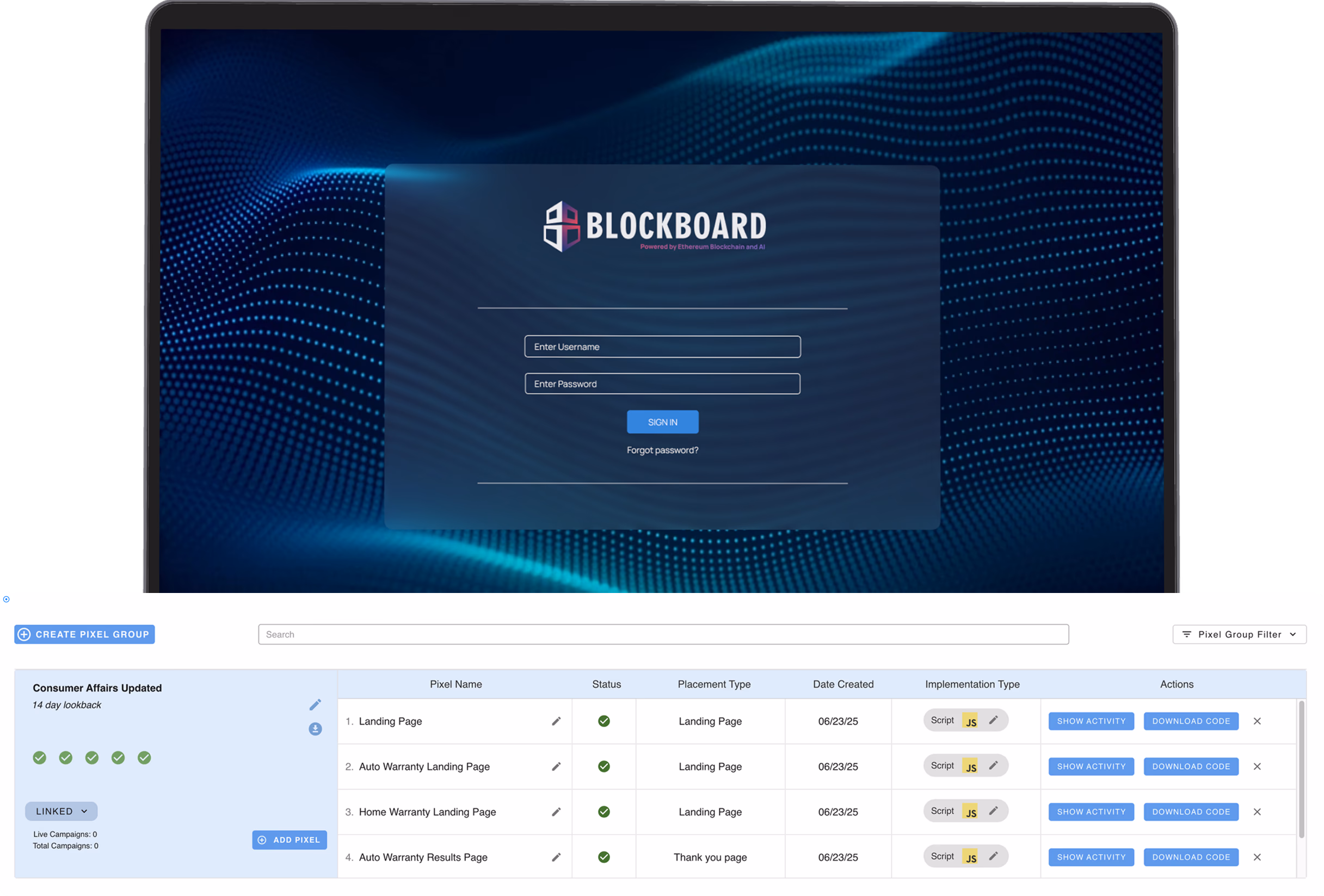 BlockCONNECT Dashboard - Redesigned pixel management interface