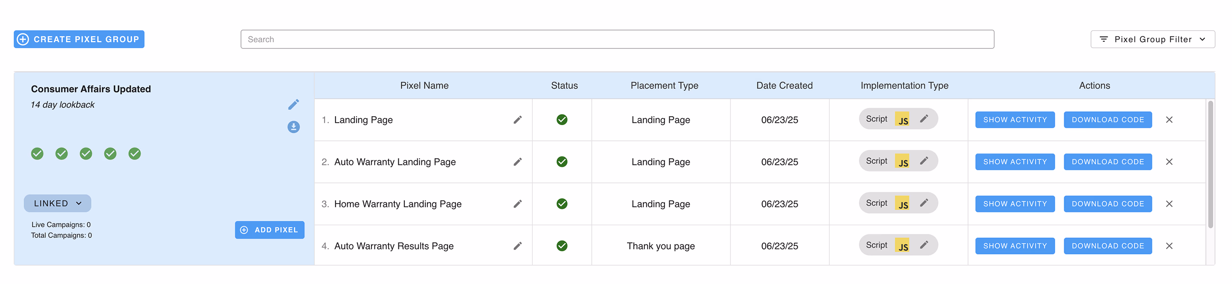 Redesigned dashboard - Scalable master-detail view with all pixel groups visible