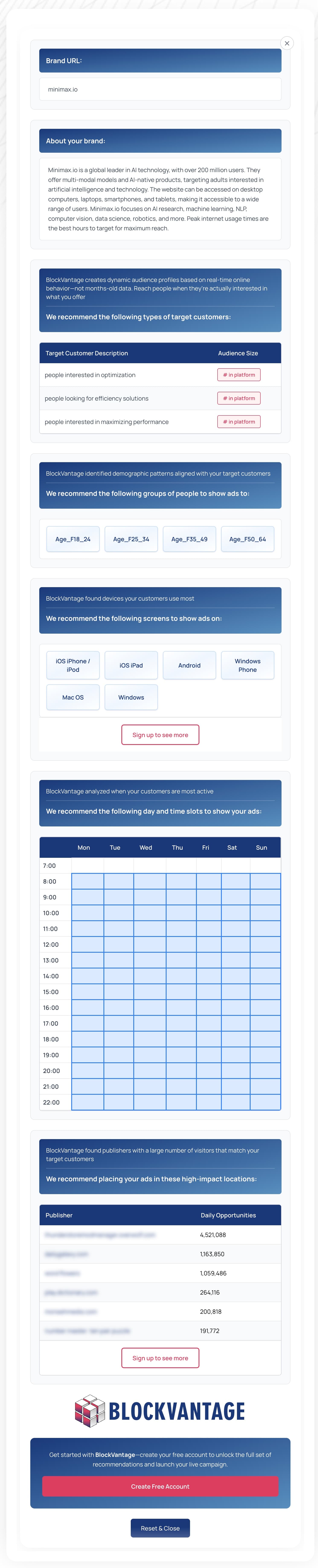 BlockVantage full analysis results — brand analysis, audience targeting, device and time recommendations, publisher opportunities