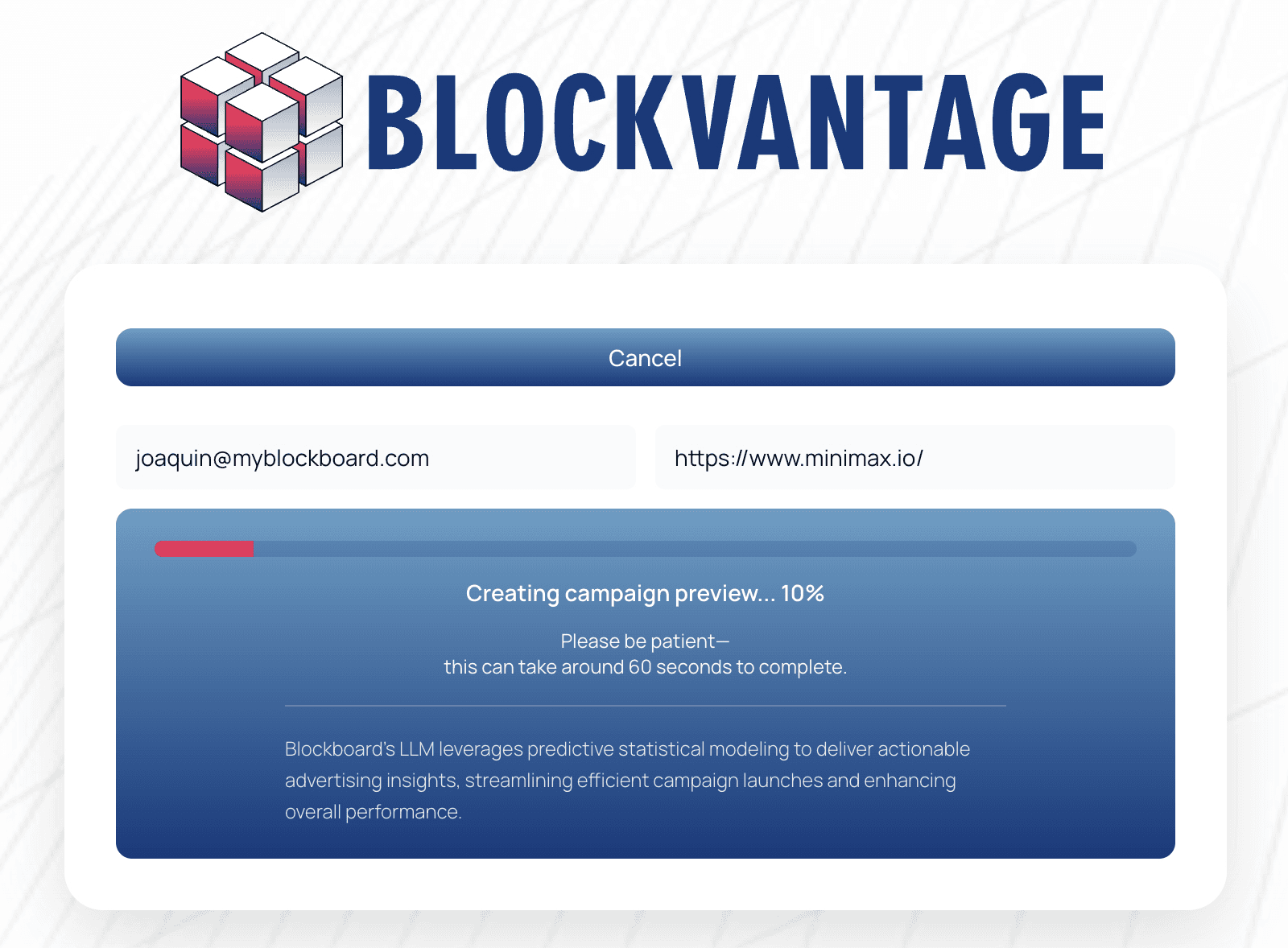 BlockVantage campaign preview — real-time processing state