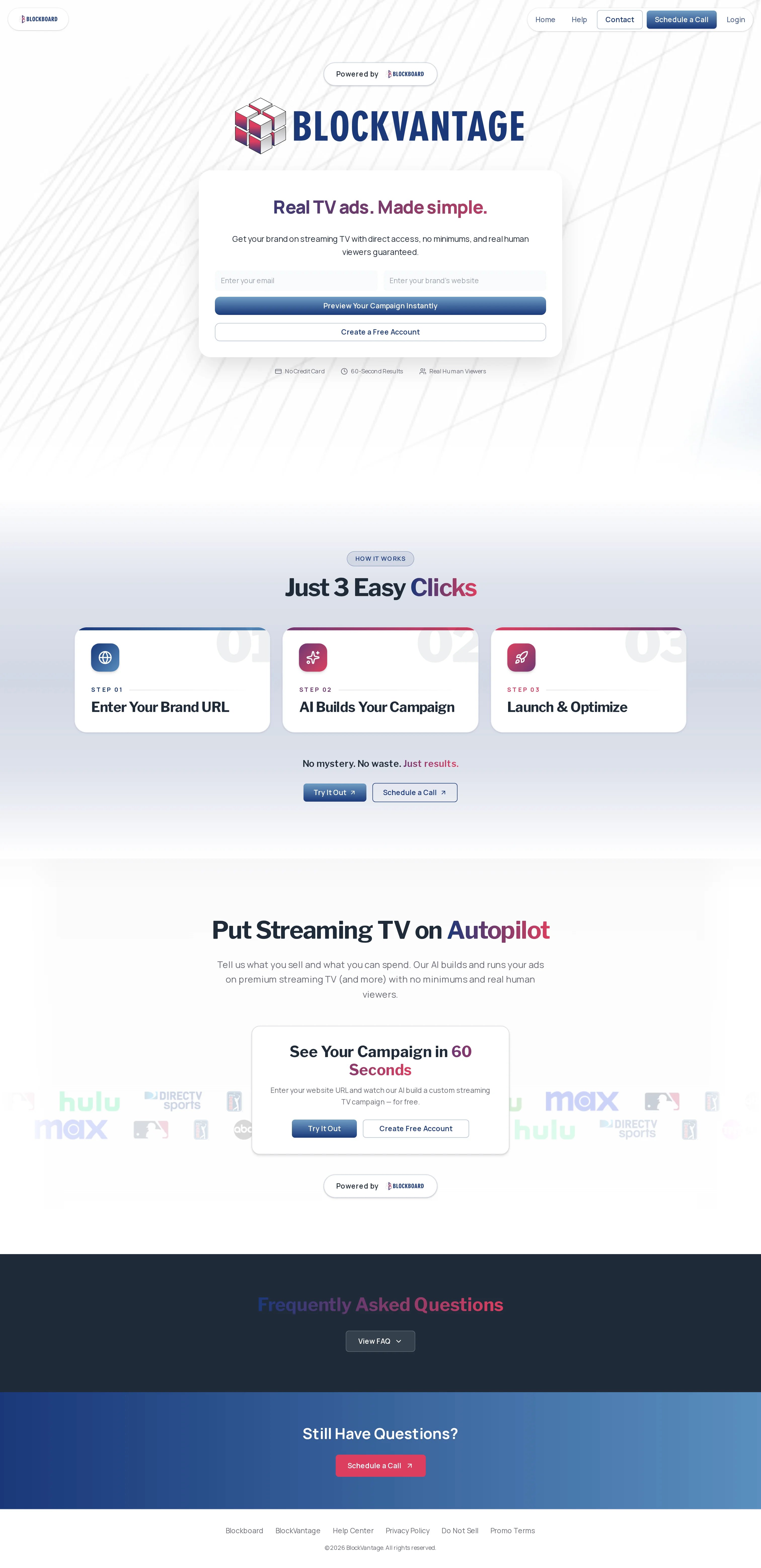 BlockVantage final product — the full live page: demo form, the three-step how-it-works cards, the streaming-TV autopilot section with publisher logos, FAQ, and the schedule-a-call footer