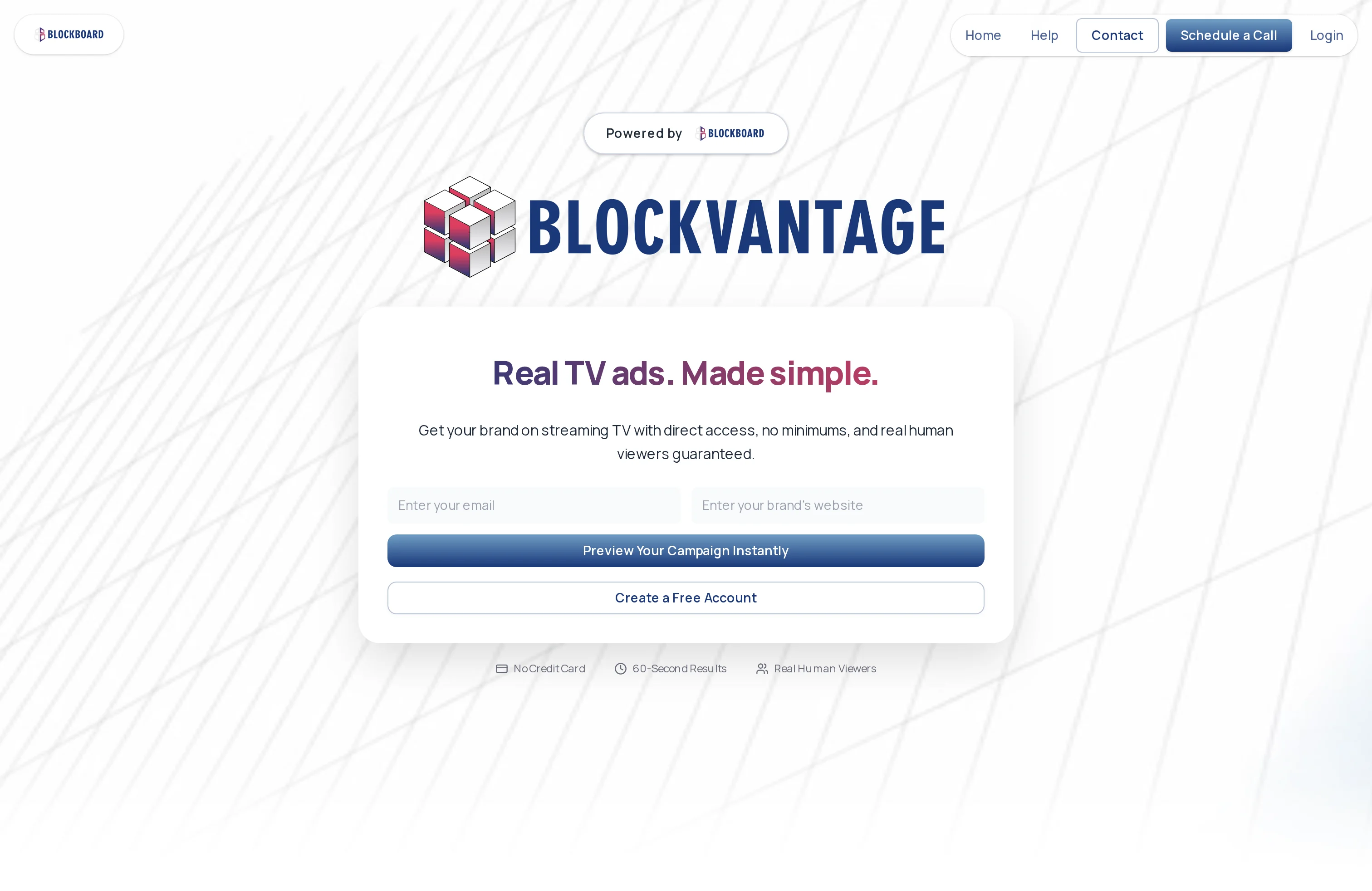 BlockVantage marketing site landing page — Powered by Blockboard badge, the BlockVantage wordmark, and the Real TV ads. Made simple. demo form with email and brand-website fields