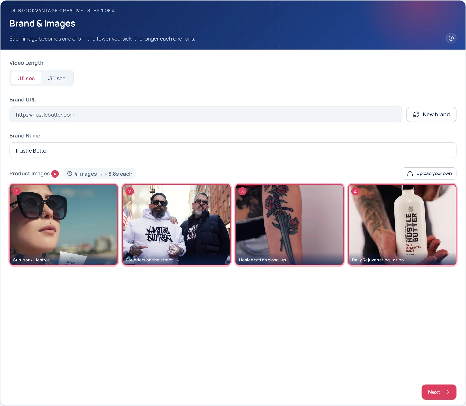 Step one — the :15 / :30 length toggle, the brand URL with a New brand action, the auto-filled brand name, and four product images returned by the scan, numbered in the order they were picked
