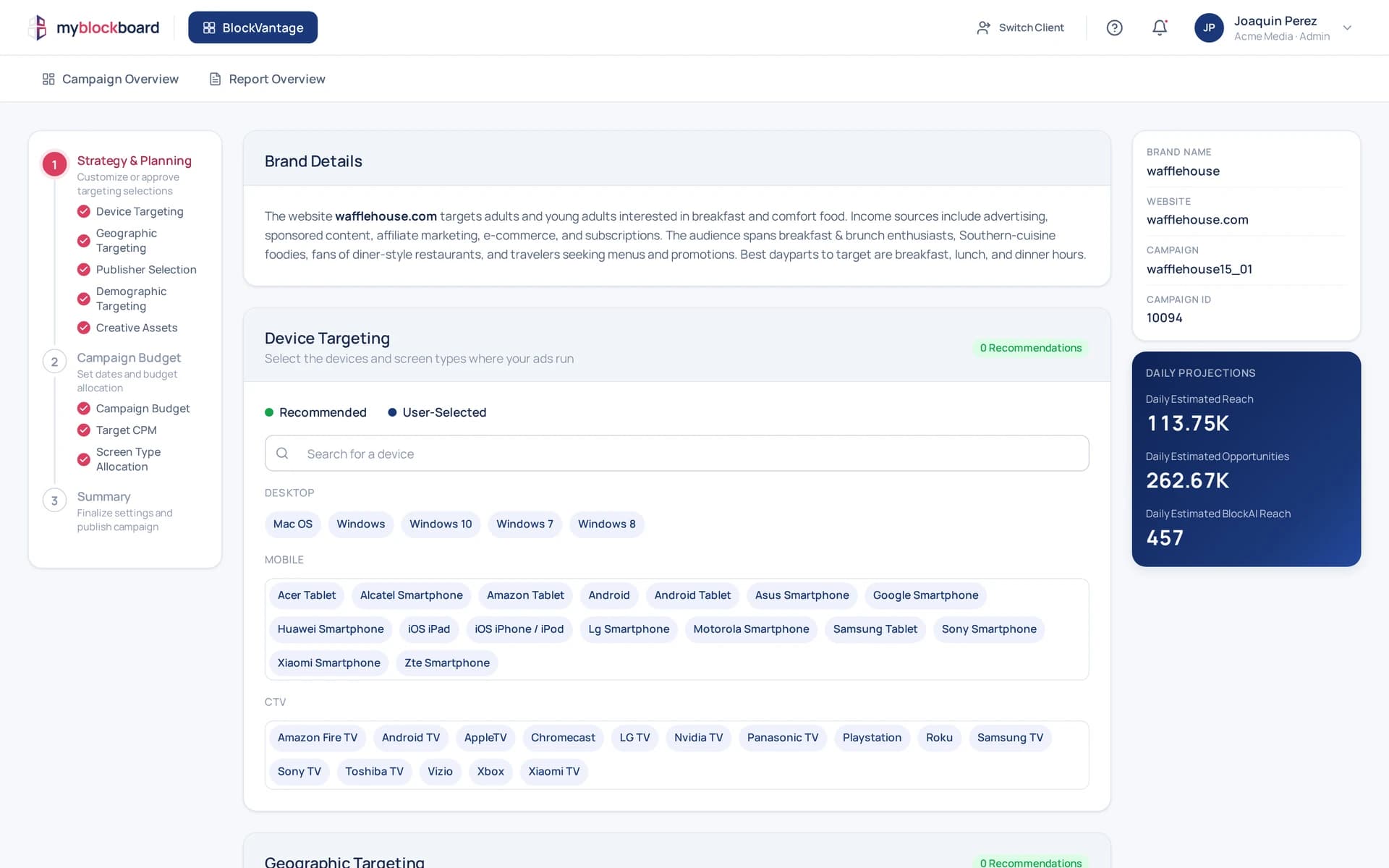 BlockVantage campaign wizard in production — crimson stepper checkmarks on the left, brand details center, navy Daily Projections panel on the right