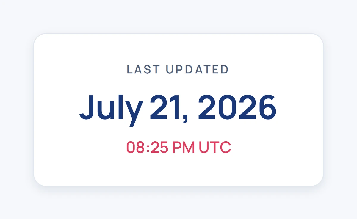 The portal's build stamp card — Last updated, July 21 2026, 08:25 PM UTC in crimson