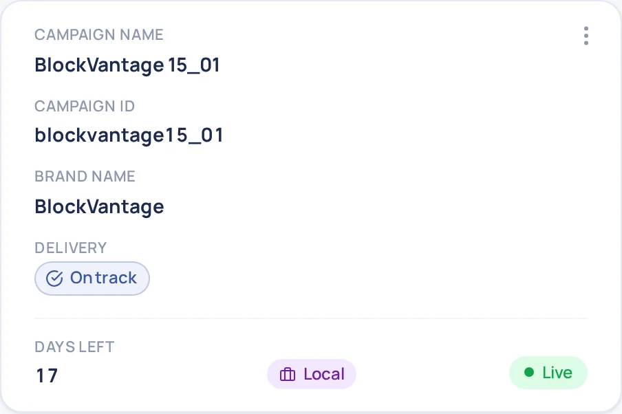 A single campaign card in the production app — labeled fields, delivery status chip, and Live badge