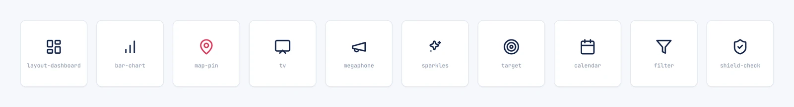 Ten icons from the set — layout-dashboard, bar-chart, map-pin in crimson, tv, megaphone, sparkles, target, calendar, filter, shield-check