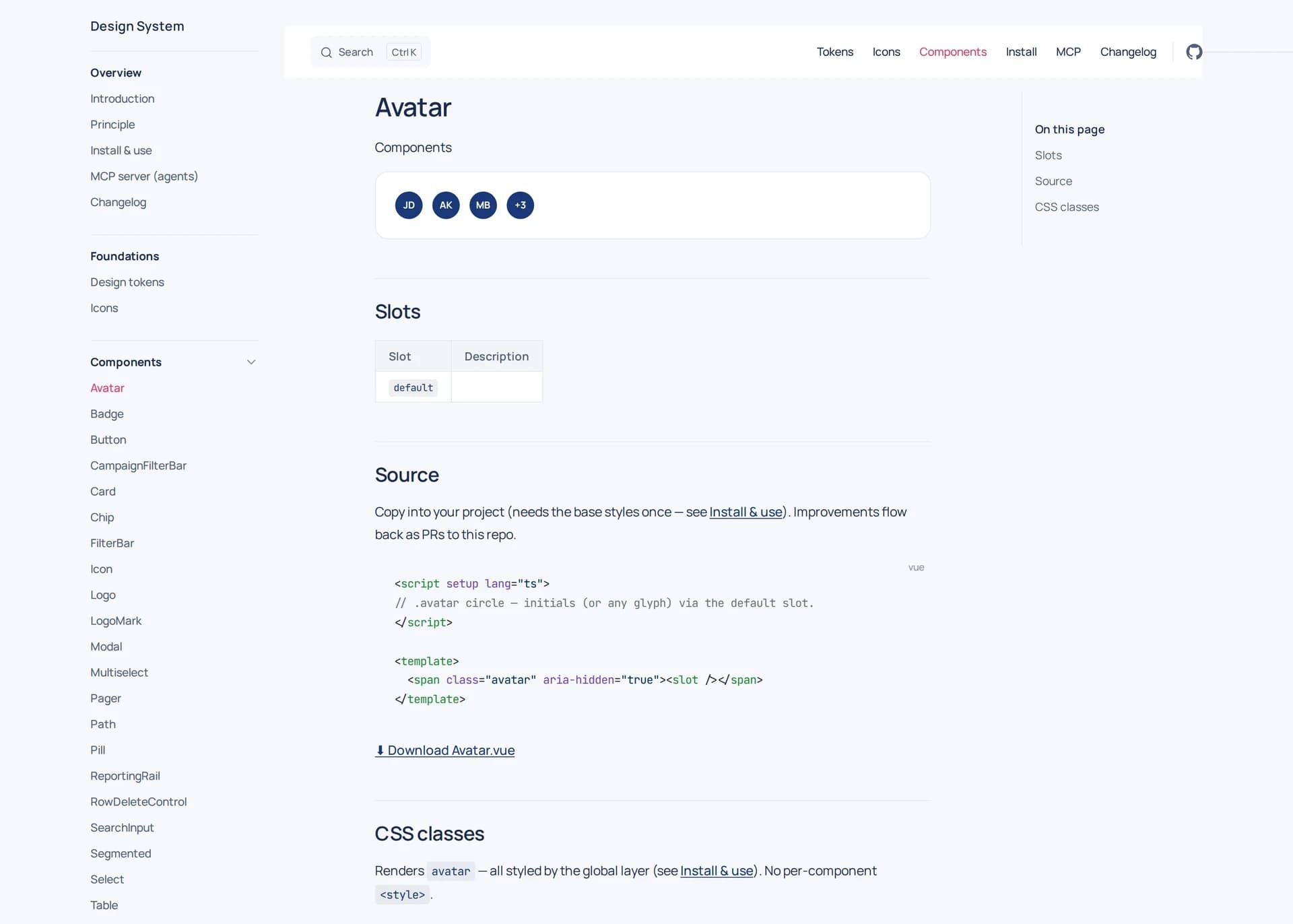 A component route on the portal — the Avatar page showing a live preview of stacked navy avatars, a slots table, the full Vue source, a Download Avatar.vue link, and a CSS classes note, with the component index in the left sidebar
