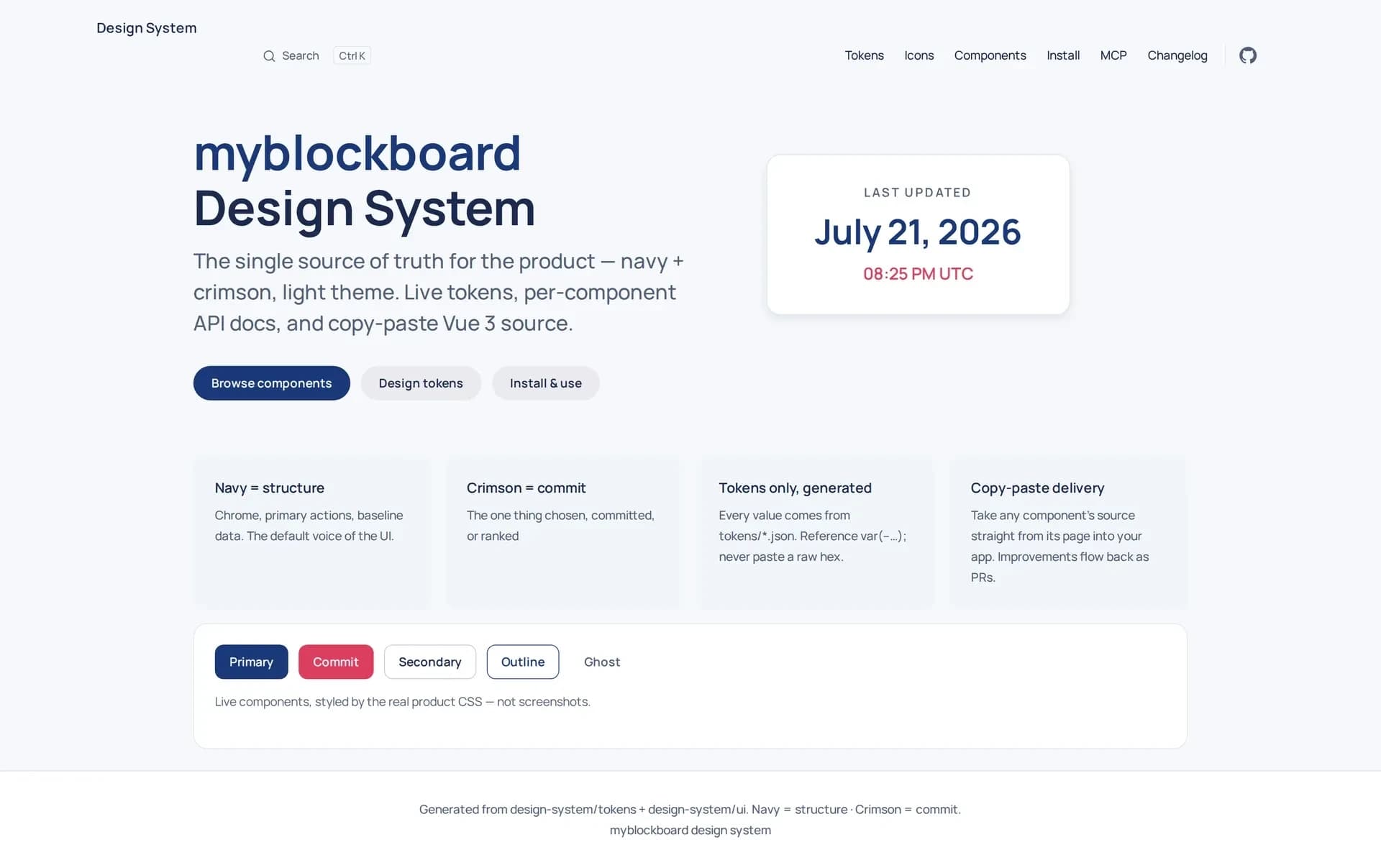 The design system portal home page — myblockboard Design System heading, a Last Updated build stamp card, four doctrine cards (navy = structure, crimson = commit, tokens only, copy-paste delivery), and a live row of Primary, Commit, Secondary, Outline and Ghost buttons