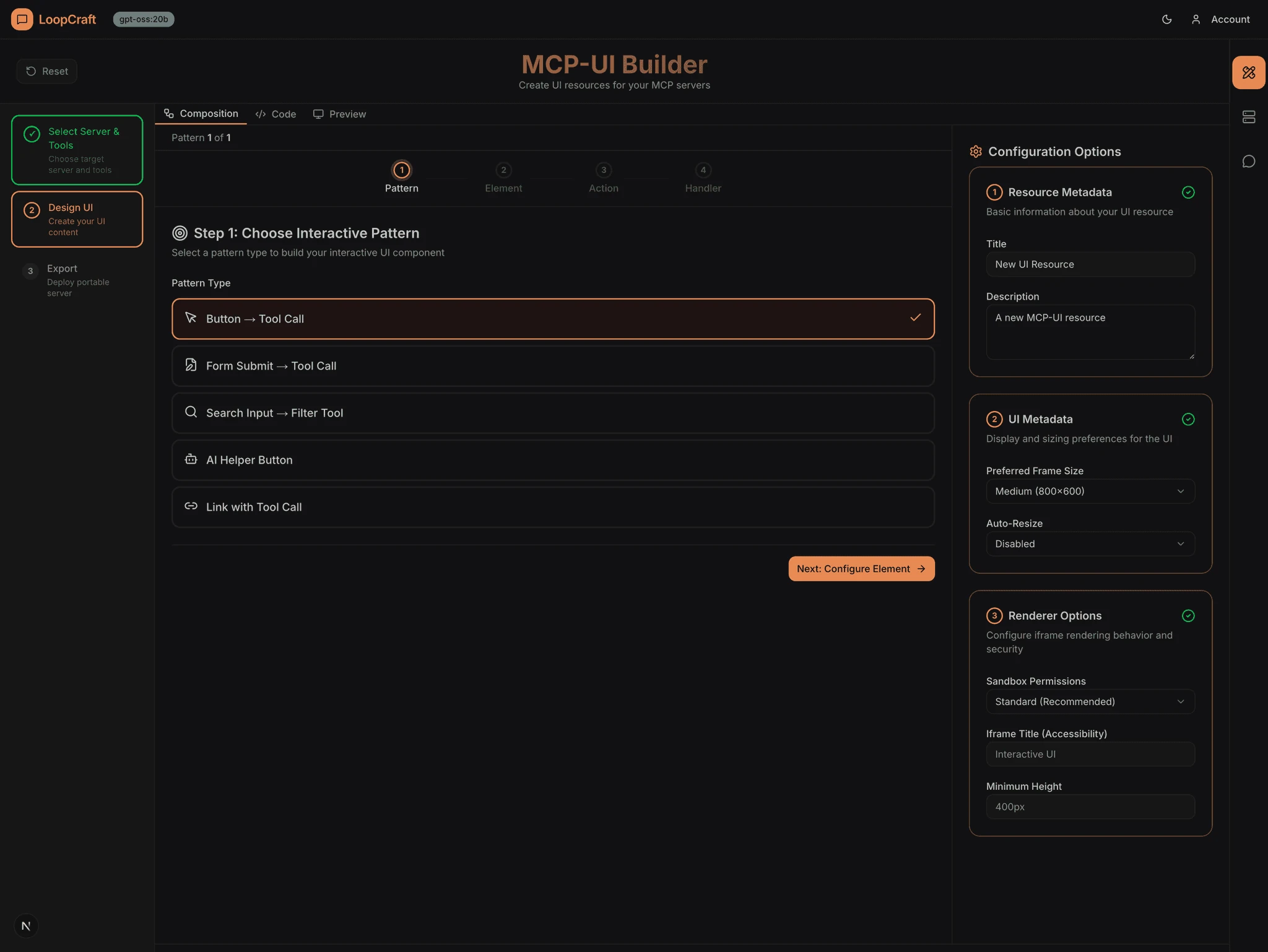 MCP-UI Builder pattern selection interface