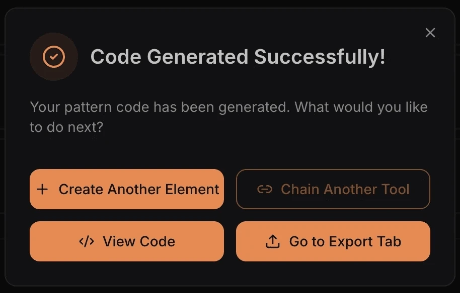 Code generation success dialog