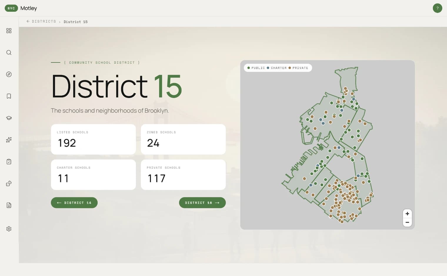 Motley District 15 page with public, charter, and private school map