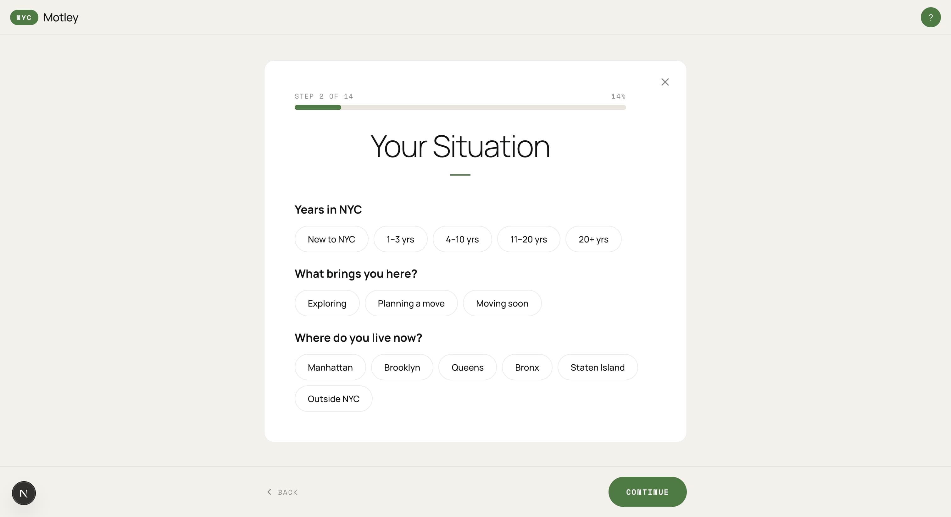 Motley onboarding step 2 of 14 — Your Situation: Years in NYC, what brings you here, where do you live now